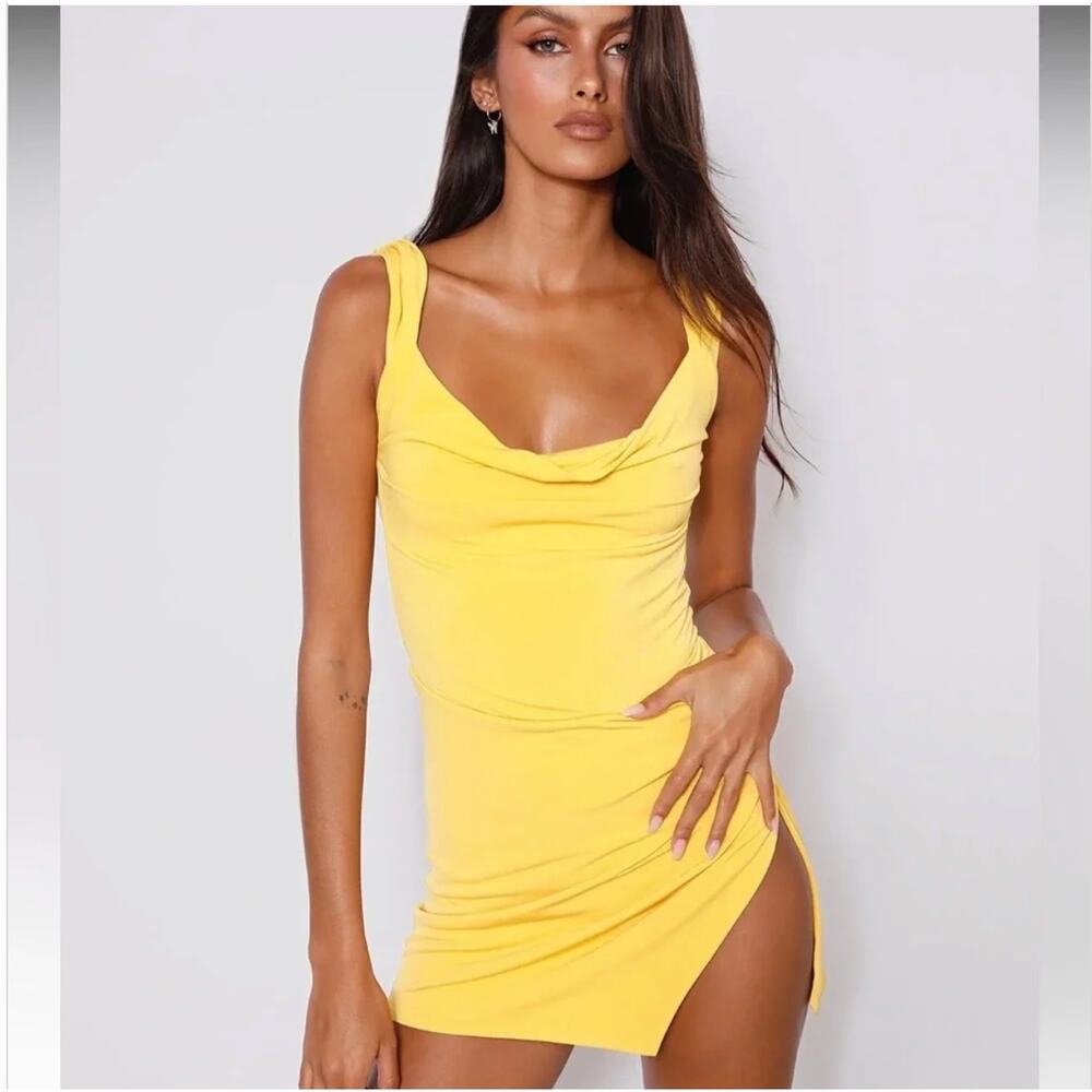 Sunshine Yellow Ruched Bodycon Mini Dress Open Back Knot Detail Y2K Going Out - Picture 2 of 16